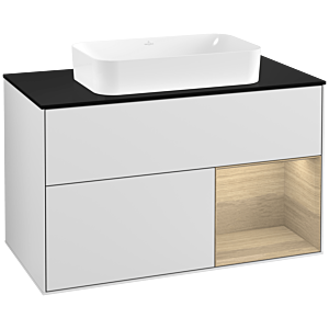 Villeroy und Boch Finion Waschtischunterschrank G252PCMT 100cm, Abdeckplatte black matt, Emotion, Regal rechts Oak Veneer, White matt lacquer