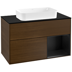Villeroy et Boch Finion Villeroy et Boch G252PDGN 100cm, plaque de finition noir mat, émotion, étagère à droite laqué noir mat, placage noyer