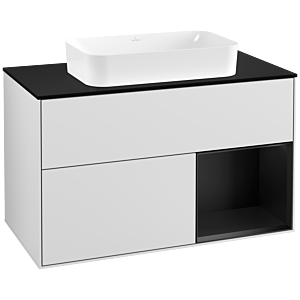 Villeroy und Boch Finion Waschtischunterschrank G252PDMT 100cm, Abdeckplatte black matt, Emotion, Regal rechts Black matt lacquer, White matt lacquer