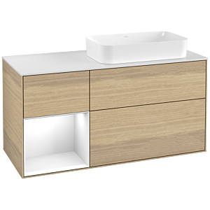 Villeroy und Boch Finion Waschtischunterschrank G271GFPC 120cm, Abdeckplatte white matt, Emotion, Regal links Glossy white lacquer, Oak Veneer