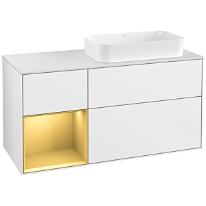 Villeroy et Boch Finion Villeroy et Boch G271HFGF 120cm, plaque de recouvrement blanc mat, Emotion, étagère gauche or mat, laqué blanc brillant
