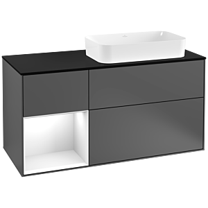 Villeroy und Boch Finion Waschtischunterschrank G272GFGK 120cm, Abdeckplatte black matt, Emotion, Regal links Glossy white lacquer, Anthracite matt