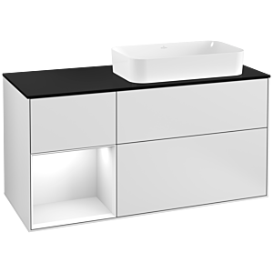 Villeroy et Boch Finion Villeroy et Boch G272GFMT 120cm, plaque de finition noir mat, Emotion, étagère gauche laqué blanc brillant, laqué blanc mat