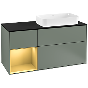 Villeroy und Boch Finion Waschtischunterschrank G272HFGM 120cm, Abdeckplatte black matt, Emotion, Regal links Gold matt, Olive Matt Lacquer