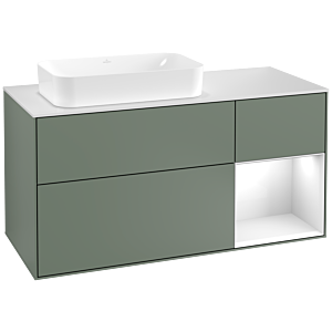 Villeroy et Boch Finion Villeroy et Boch G281GFGM 120cm, plaque de finition blanc mat, Emotion, étagère à droite Laque blanc brillant, Olive Matt Lacquer