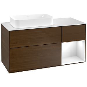 Villeroy und Boch Finion Waschtischunterschrank G281GFGN 120cm, Abdeckplatte white matt, Emotion, Regal rechts Glossy white lacquer, Walnut veneer