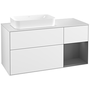 Villeroy und Boch Finion Waschtischunterschrank G281GKGF 120cm, Abdeckplatte white matt, Emotion, Regal rechts Anthracite matt, Glossy white lacquer