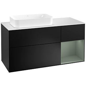 Villeroy und Boch Finion Waschtischunterschrank G281GMPD 120cm, Abdeckplatte white matt, Emotion, Regal rechts Olive Matt Lacquer, Black matt lacquer