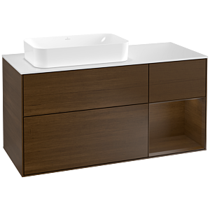 Villeroy und Boch Finion Waschtischunterschrank G281GNGN 120cm, Abdeckplatte white matt, Emotion, Regal rechts Walnut veneer, Walnut veneer