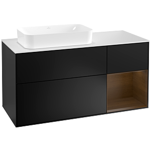 Villeroy und Boch Finion Waschtischunterschrank G281GNPD 120cm, Abdeckplatte white matt, Emotion, Regal rechts Walnut veneer, Black matt lacquer