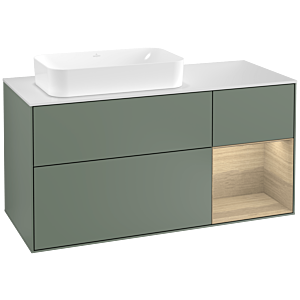 Villeroy und Boch Finion Waschtischunterschrank G281PCGM 120cm, Abdeckplatte white matt, Emotion, Regal rechts Oak Veneer, Olive Matt Lacquer