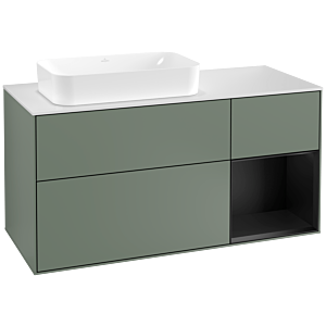 Villeroy und Boch Finion Waschtischunterschrank G281PDGM 120cm, Abdeckplatte white matt, Emotion, Regal rechts Black matt lacquer, Olive Matt Lacquer