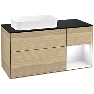 Villeroy and Boch Finion Villeroy and Boch Finion G282GFPC 120cm, cover plate black matt, Emotion, shelf on the right Glossy white lacquer, Oak Veneer