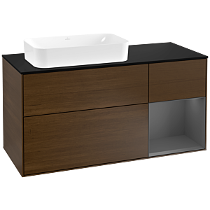 Villeroy und Boch Finion Waschtischunterschrank G282GKGN 120cm, Abdeckplatte black matt, Emotion, Regal rechts Anthracite matt, Walnut veneer