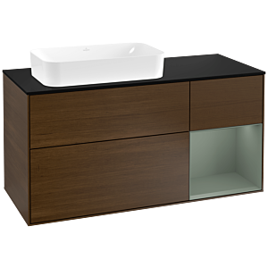 Villeroy und Boch Finion Waschtischunterschrank G282GMGN 120cm, Abdeckplatte black matt, Emotion, Regal rechts Olive Matt Lacquer, Walnut veneer