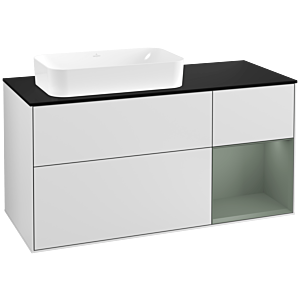 Villeroy und Boch Finion Waschtischunterschrank G282GMMT 120cm, Abdeckplatte black matt, Emotion, Regal rechts Olive Matt Lacquer, White matt lacquer