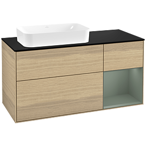 Villeroy und Boch Finion Waschtischunterschrank G282GMPC 120cm, Abdeckplatte black matt, Emotion, Regal rechts Olive Matt Lacquer, Oak Veneer