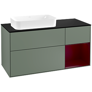 Villeroy und Boch Finion Waschtischunterschrank G282HBGM 120cm, Abdeckplatte black matt, Emotion, Regal rechts Peony, Olive Matt Lacquer