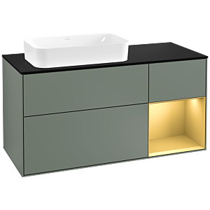Villeroy und Boch Finion Waschtischunterschrank G282HFGM 120cm, Abdeckplatte black matt, Emotion, Regal rechts Gold matt, Olive Matt Lacquer