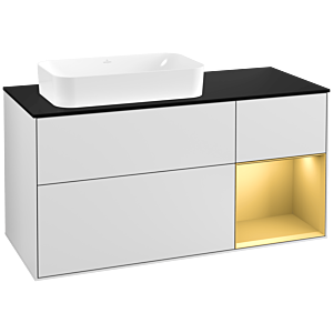 Villeroy und Boch Finion Waschtischunterschrank G282HFMT 120cm, Abdeckplatte black matt, Emotion, Regal rechts Gold matt, White matt lacquer