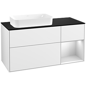 Villeroy und Boch Finion Waschtischunterschrank G282MTGF 120cm, Abdeckplatte black matt, Emotion, Regal rechts White matt lacquer, Glossy white lacquer
