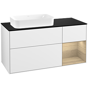 Villeroy und Boch Finion Waschtischunterschrank G282PCGF 120cm, Abdeckplatte black matt, Emotion, Regal rechts Oak Veneer, Glossy white lacquer
