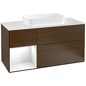 Villeroy and Boch Finion Villeroy and Boch Finion G291GFGN 120cm, cover plate matt white, emotion, shelf on the left glossy white lacquer, walnut veneer