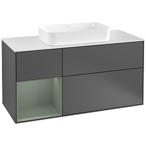 Villeroy und Boch Finion Waschtischunterschrank G291GMGK 120cm, Abdeckplatte white matt, Emotion, Regal links Olive Matt Lacquer, Anthracite matt
