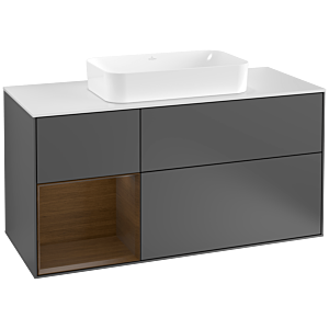 Villeroy und Boch Finion Waschtischunterschrank G291GNGK 120cm, Abdeckplatte white matt, Emotion, Regal links Walnut veneer, Anthracite matt