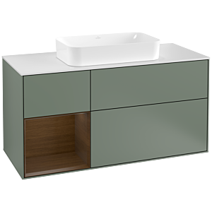 Villeroy und Boch Finion Waschtischunterschrank G291GNGM 120cm, Abdeckplatte white matt, Emotion, Regal links Walnut veneer, Olive Matt Lacquer