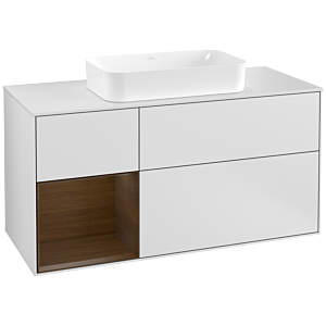 Villeroy und Boch Finion Waschtischunterschrank G291GNMT 120cm, Abdeckplatte white matt, Emotion, Regal links Walnut veneer, White matt lacquer