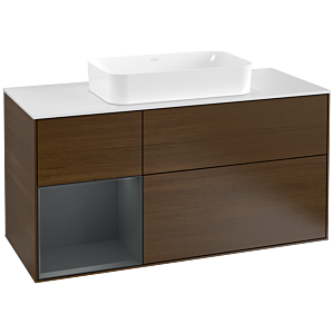 Villeroy und Boch Finion Waschtischunterschrank G291HGGN 120cm, Abdeckplatte white matt, Emotion, Regal links Midnight Blue Matt Lacquer, Walnut veneer