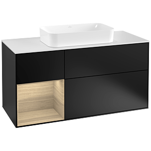 Villeroy und Boch Finion Waschtischunterschrank G291PCPD 120cm, Abdeckplatte white matt, Emotion, Regal links Oak Veneer, Black matt lacquer