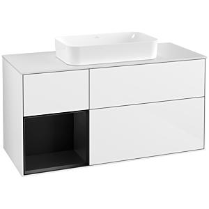 Villeroy und Boch Finion Waschtischunterschrank G291PDGF 120cm, Abdeckplatte white matt, Emotion, Regal links Black matt lacquer, Glossy white lacquer