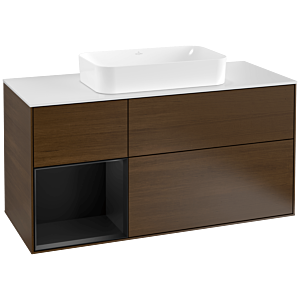 Villeroy und Boch Finion Waschtischunterschrank G291PDGN 120cm, Abdeckplatte white matt, Emotion, Regal links Black matt lacquer, Walnut veneer