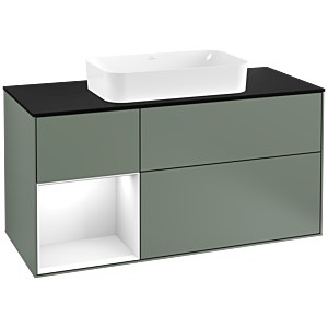 Villeroy und Boch Finion Waschtischunterschrank G292GFGM 120cm, Abdeckplatte black matt, Emotion, Regal links Glossy white lacquer, Olive Matt Lacquer
