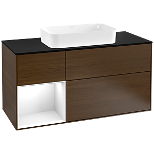 Villeroy and Boch Finion Villeroy and Boch Finion G292GFGN 120cm, cover plate black matt, Emotion, shelf on the left Glossy white lacquer, Walnut veneer