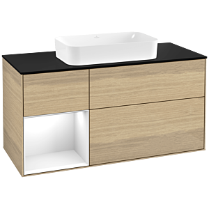 Villeroy und Boch Finion Waschtischunterschrank G292GFPC 120cm, Abdeckplatte black matt, Emotion, Regal links Glossy white lacquer, Oak Veneer