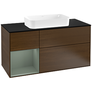 Villeroy und Boch Finion Waschtischunterschrank G292GMGN 120cm, Abdeckplatte black matt, Emotion, Regal links Olive Matt Lacquer, Walnut veneer