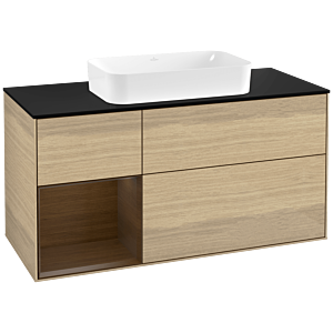 Villeroy und Boch Finion Waschtischunterschrank G292GNPC 120cm, Abdeckplatte black matt, Emotion, Regal links Walnut veneer, Oak Veneer