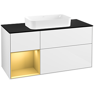 Villeroy and Boch Finion Villeroy and Boch Finion G292HFGF 120cm, cover plate black matt, Emotion, shelf left gold matt, Glossy white lacquer