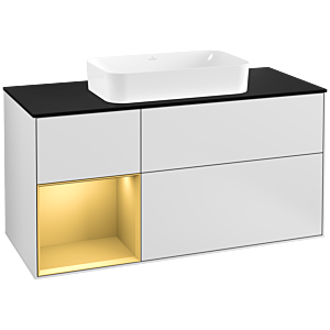 Villeroy und Boch Finion Waschtischunterschrank G292HFMT 120cm, Abdeckplatte black matt, Emotion, Regal links Gold matt, White matt lacquer