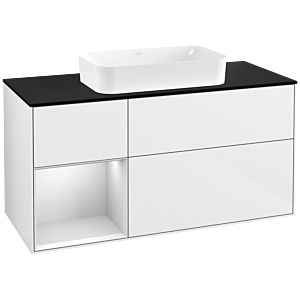 Villeroy und Boch Finion Waschtischunterschrank G292MTGF 120cm, Abdeckplatte black matt, Emotion, Regal links White matt lacquer, Glossy white lacquer