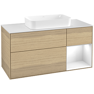 Villeroy et Boch Finion Villeroy et Boch G301GFPC 120cm, plaque de finition blanc mat, Emotion, étagère à droite Laque blanc brillant, Oak Veneer