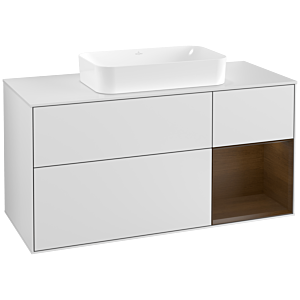 Villeroy et Boch Finion Villeroy et Boch G301GNMT 120cm, plaque de finition blanc mat, Emotion, étagère à droite placage noyer, laqué blanc mat