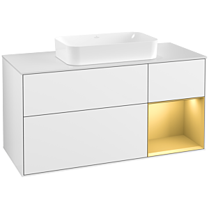 Villeroy et Boch Finion Villeroy et Boch G301HFGF 120cm, plaque de finition blanc mat, Emotion, étagère à droite or mat, laqué blanc brillant