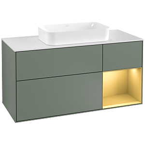 Villeroy und Boch Finion Waschtischunterschrank G301HFGM 120cm, Abdeckplatte white matt, Emotion, Regal rechts Gold matt, Olive Matt Lacquer
