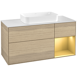 Villeroy und Boch Finion Waschtischunterschrank G301HFPC 120cm, Abdeckplatte white matt, Emotion, Regal rechts Gold matt, Oak Veneer