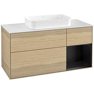 Villeroy und Boch Finion Waschtischunterschrank G301PDPC 120cm, Abdeckplatte white matt, Emotion, Regal rechts Black matt lacquer, Oak Veneer