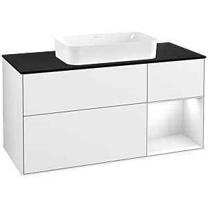 Villeroy et Boch Finion Villeroy et Boch G302GFGF 120cm, plaque de finition noire mate, Emotion, étagère à droite Laque blanc brillant, Laque blanc brillant